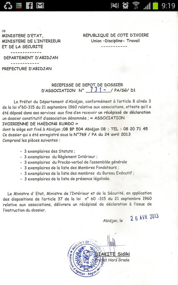 Establishment of Ivory Coast Haedong Kumdo Association